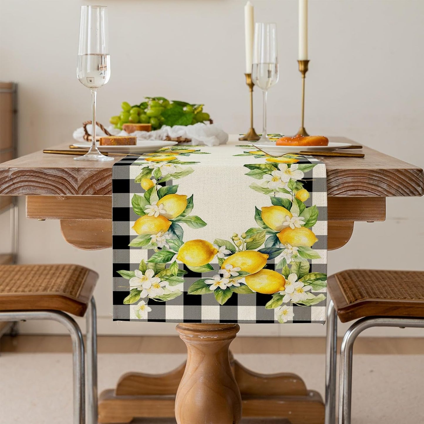Lemon Floral Table Runner, Buffalo Plaid Spring Summer Kitchen Dining Table Decoration for Home Party 13x70 Inch