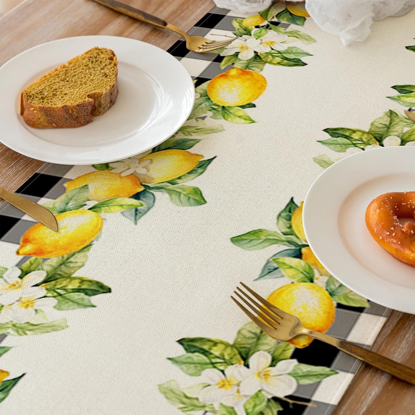 Lemon Floral Table Runner, Buffalo Plaid Spring Summer Kitchen Dining Table Decoration for Home Party 13x70 Inch
