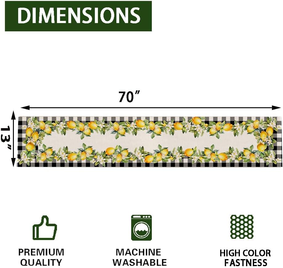 Lemon Floral Table Runner, Buffalo Plaid Spring Summer Kitchen Dining Table Decoration for Home Party 13x70 Inch