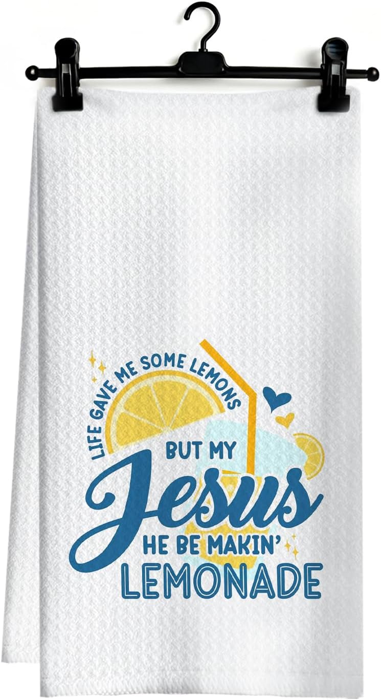 Christian Jesus Lemon Kitchen Dish Towels, Lemon Gifts for Women, Yellow and Blue Summer Lemonade Hand Tea Towels for Kitchen Bathroom Decor, 16x24 Inch