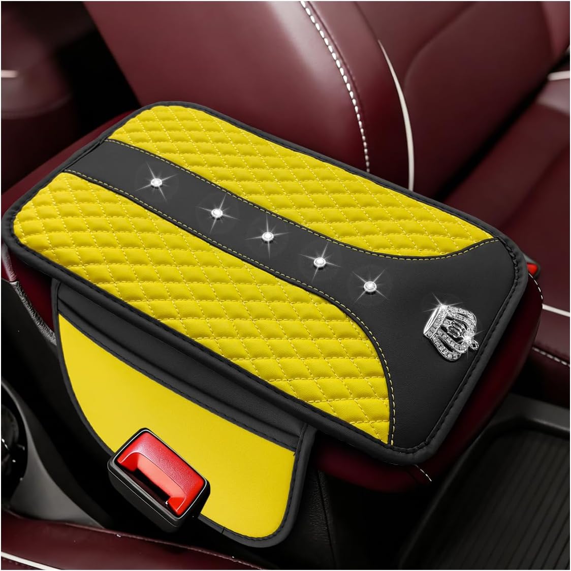 Bling Car Center Console Mat, PU Leather Armrest Cushion, Yellow | Rhinestone Crown Auto Armrest Box Pad, Waterproof Armrest Protector, Universal Bling Car Interior Accessories for Women Men