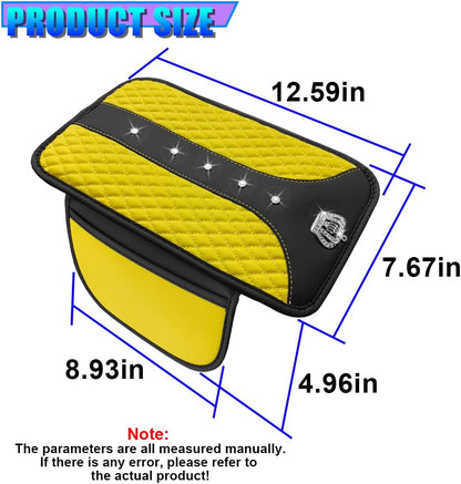 Bling Car Center Console Mat, PU Leather Armrest Cushion, Yellow | Rhinestone Crown Auto Armrest Box Pad, Waterproof Armrest Protector, Universal Bling Car Interior Accessories for Women Men