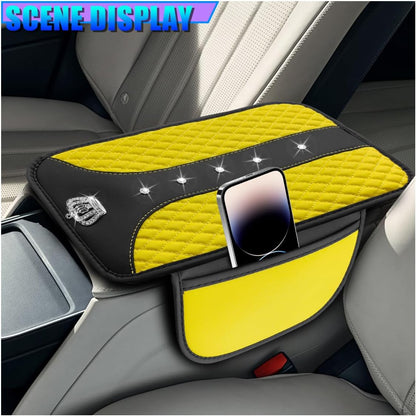 Bling Car Center Console Mat, PU Leather Armrest Cushion, Yellow | Rhinestone Crown Auto Armrest Box Pad, Waterproof Armrest Protector, Universal Bling Car Interior Accessories for Women Men