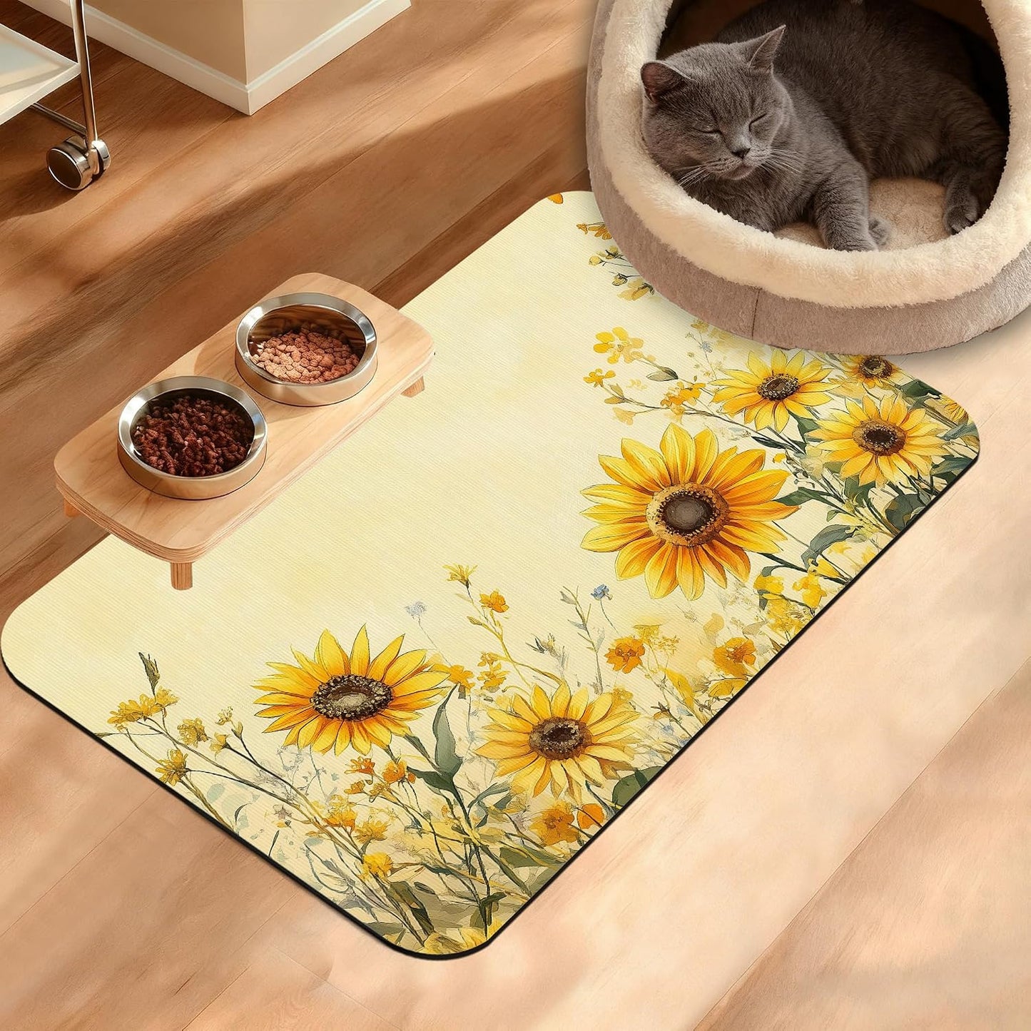 Yellow Floral Feeding Mat,Sunflower Absorbent Quick-Dry Cat Dog Food and Water Bowl Mats,Non-Slip Rubber Backing Mat,Cat Dog Accessories Supplies 16" x 24"
