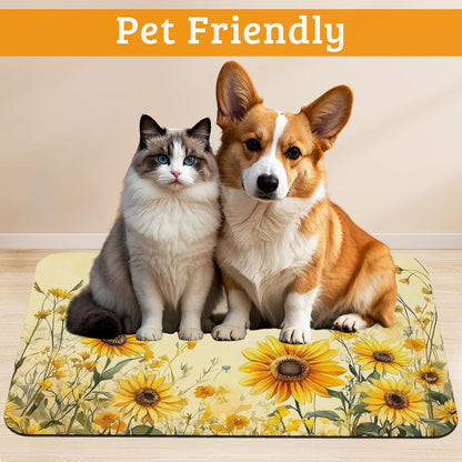 Yellow Floral Feeding Mat,Sunflower Absorbent Quick-Dry Cat Dog Food and Water Bowl Mats,Non-Slip Rubber Backing Mat,Cat Dog Accessories Supplies 16" x 24"