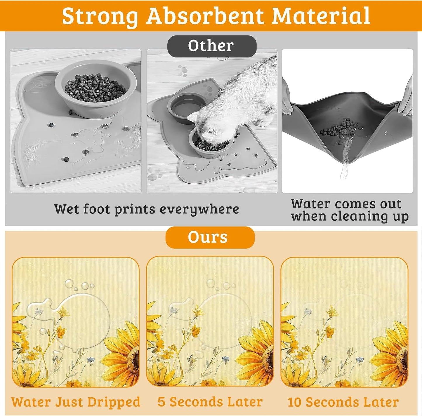 Yellow Floral Feeding Mat,Sunflower Absorbent Quick-Dry Cat Dog Food and Water Bowl Mats,Non-Slip Rubber Backing Mat,Cat Dog Accessories Supplies 16" x 24"