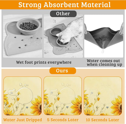 Yellow Floral Feeding Mat,Sunflower Absorbent Quick-Dry Cat Dog Food and Water Bowl Mats,Non-Slip Rubber Backing Mat,Cat Dog Accessories Supplies 16" x 24"