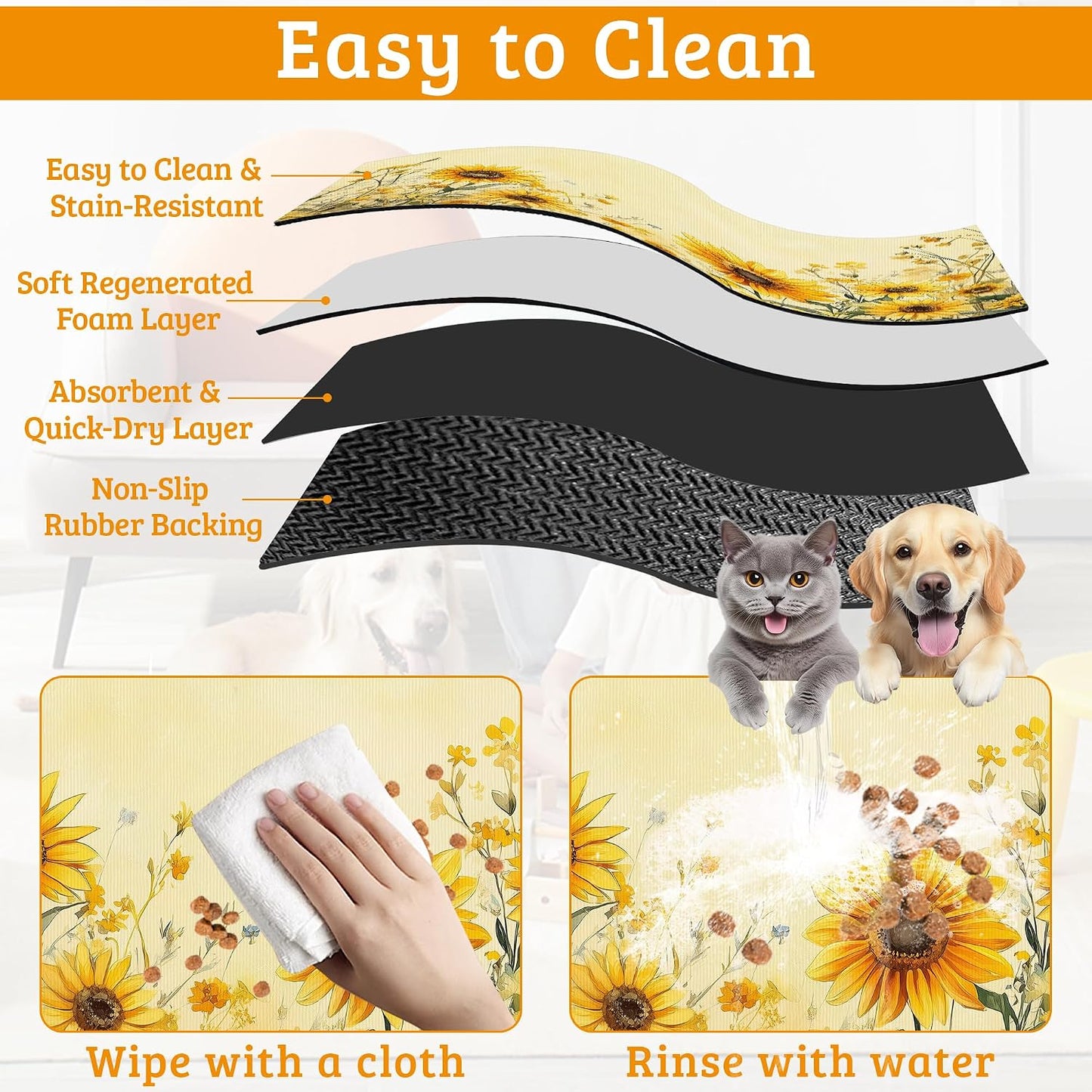 Yellow Floral Feeding Mat,Sunflower Absorbent Quick-Dry Cat Dog Food and Water Bowl Mats,Non-Slip Rubber Backing Mat,Cat Dog Accessories Supplies 16" x 24"