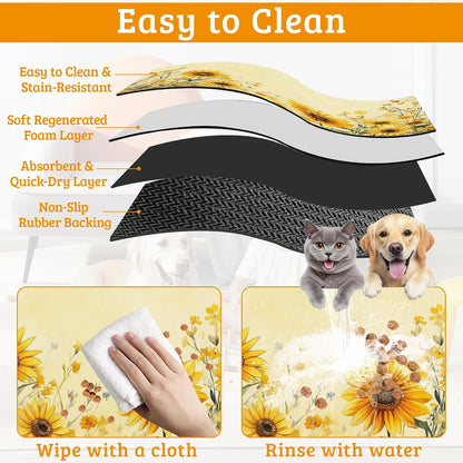Yellow Floral Feeding Mat,Sunflower Absorbent Quick-Dry Cat Dog Food and Water Bowl Mats,Non-Slip Rubber Backing Mat,Cat Dog Accessories Supplies 16" x 24"