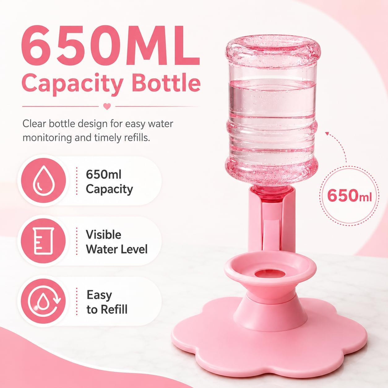 Water Dispenser for Cats, Gravity Raised Cat Waterer with Clear Bottle，Pink | BPA-Free Cat Water Dispenser, Cordless Gravity Design, Spill-Resistant Base, Easy Cleaning for Cats and Small Dogs