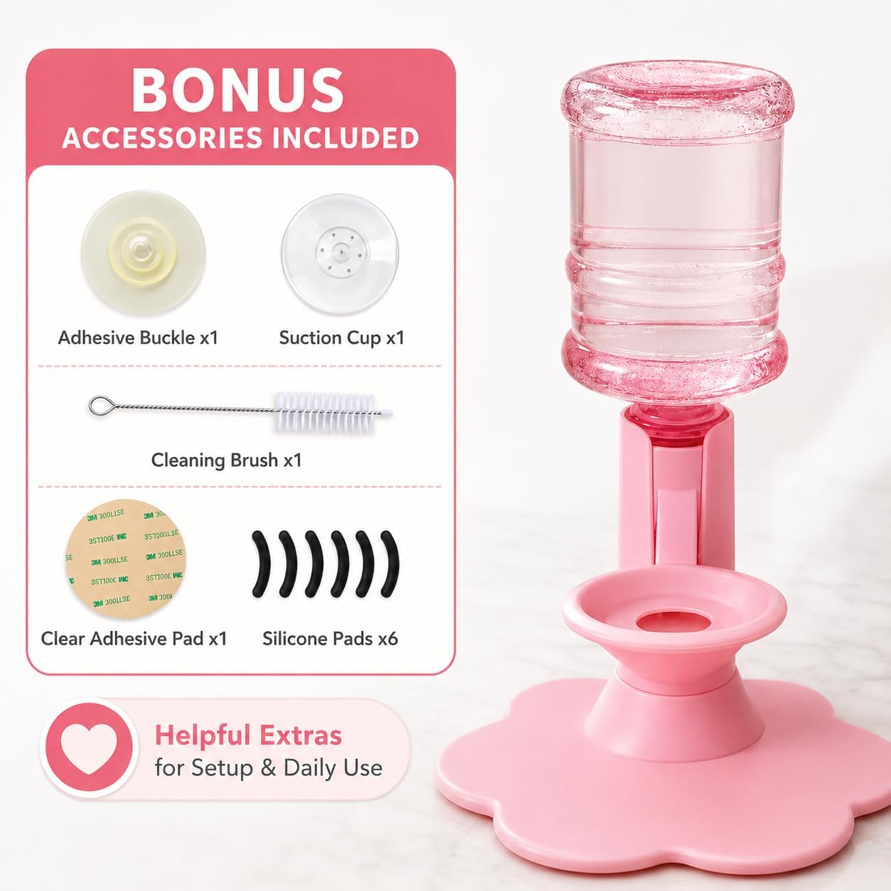 Water Dispenser for Cats, Gravity Raised Cat Waterer with Clear Bottle，Pink | BPA-Free Cat Water Dispenser, Cordless Gravity Design, Spill-Resistant Base, Easy Cleaning for Cats and Small Dogs