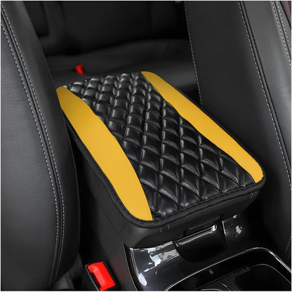 Car Center Console Pad, Yellow | water-resistant leather surface, armrest seat-box coverage, fits most cars, SUVs, and trucks, car interior accessories