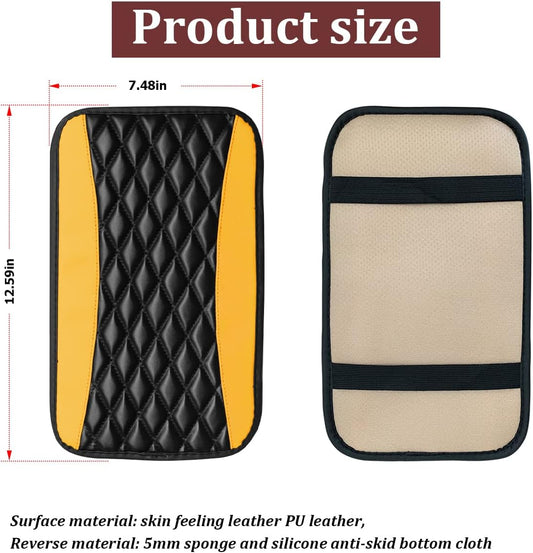 Car Center Console Pad, Yellow | water-resistant leather surface, armrest seat-box coverage, fits most cars, SUVs, and trucks, car interior accessories
