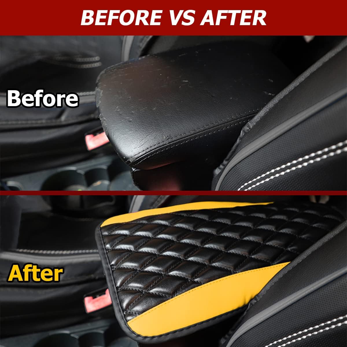 Car Center Console Pad, Yellow | water-resistant leather surface, armrest seat-box coverage, fits most cars, SUVs, and trucks, car interior accessories