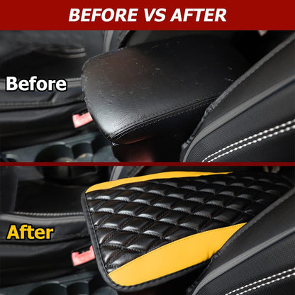 Car Center Console Pad, Yellow | water-resistant leather surface, armrest seat-box coverage, fits most cars, SUVs, and trucks, car interior accessories