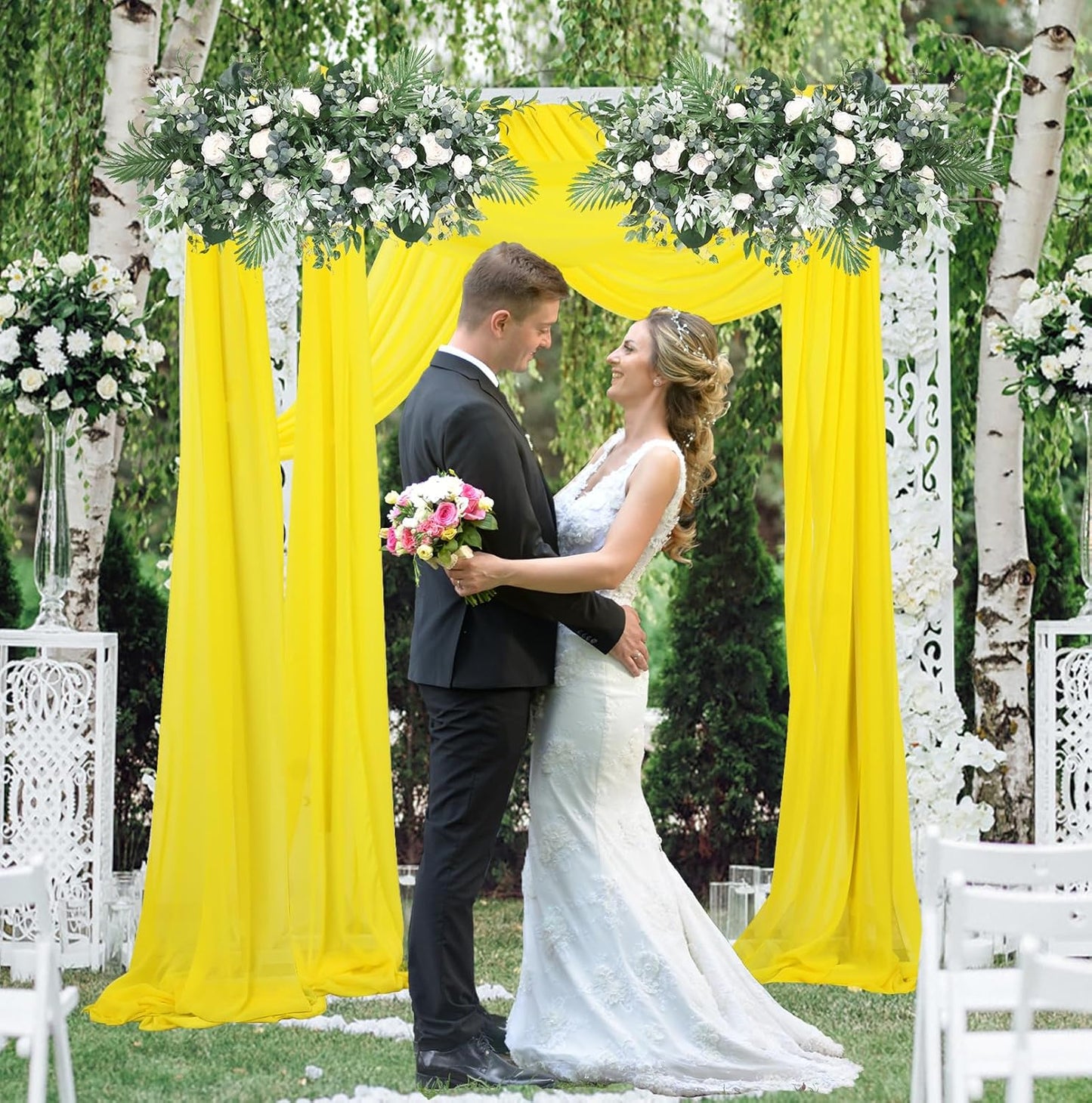 Wedding Arch Drapes 2 Panels 2.4ftx20ft Yellow Chiffon Fabric Drapery Wedding Arches for Ceremony Sheer Backdrop Curtains for Arbor Ceiling Wedding Decoration (2.4FTx20FTx2pcs, Yellow)