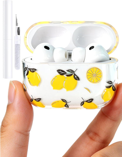 for AirPods Pro 2 Case Cute, Kawaii Clear Hard Plastic Lemon Cover | with Cleaning Kit, Fruit Print Hard PC, Front LED Visible Shockproof Anti-Fall Full Protection, for Women Girls