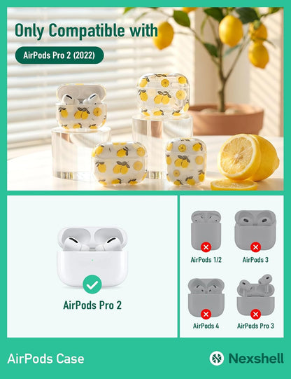 for AirPods Pro 2 Case Cute, Kawaii Clear Hard Plastic Lemon Cover | with Cleaning Kit, Fruit Print Hard PC, Front LED Visible Shockproof Anti-Fall Full Protection, for Women Girls