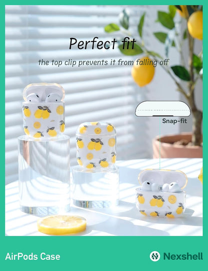 for AirPods Pro 2 Case Cute, Kawaii Clear Hard Plastic Lemon Cover | with Cleaning Kit, Fruit Print Hard PC, Front LED Visible Shockproof Anti-Fall Full Protection, for Women Girls