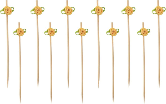 Rose Cocktail Picks, 120PCS Yellow Bamboo Toothpicks for Drinks, Decorative Toothpicks for Cocktails,Bamboo Picks for Appetizers, Flower Bar Supplies