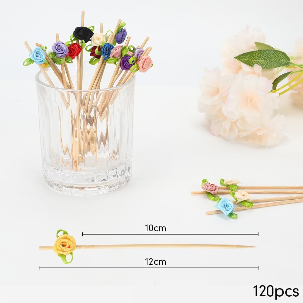 Rose Cocktail Picks, 120PCS Yellow Bamboo Toothpicks for Drinks, Decorative Toothpicks for Cocktails,Bamboo Picks for Appetizers, Flower Bar Supplies