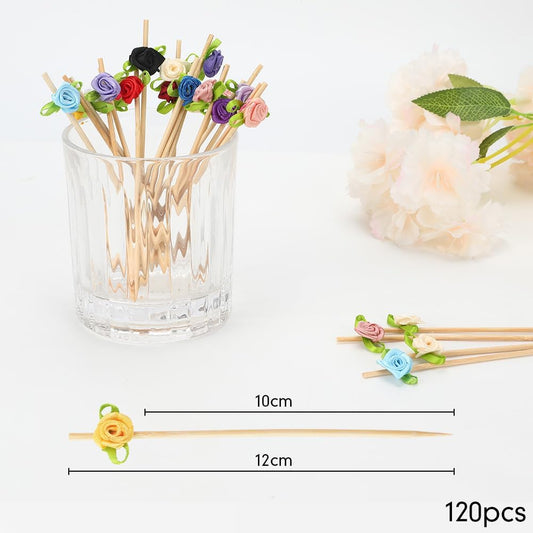 Rose Cocktail Picks, 120PCS Yellow Bamboo Toothpicks for Drinks, Decorative Toothpicks for Cocktails,Bamboo Picks for Appetizers, Flower Bar Supplies