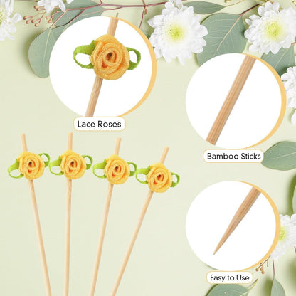 Rose Cocktail Picks, 120PCS Yellow Bamboo Toothpicks for Drinks, Decorative Toothpicks for Cocktails,Bamboo Picks for Appetizers, Flower Bar Supplies