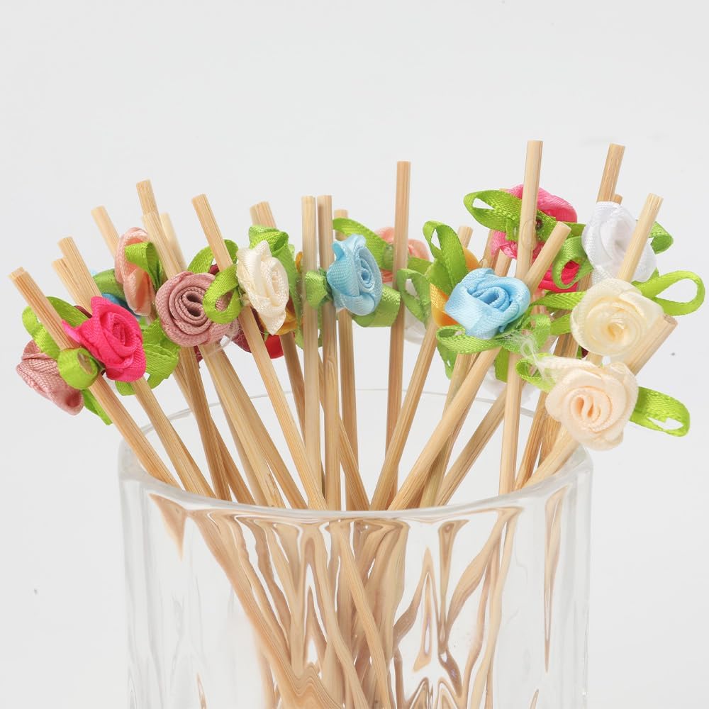 Rose Cocktail Picks, 120PCS Yellow Bamboo Toothpicks for Drinks, Decorative Toothpicks for Cocktails,Bamboo Picks for Appetizers, Flower Bar Supplies