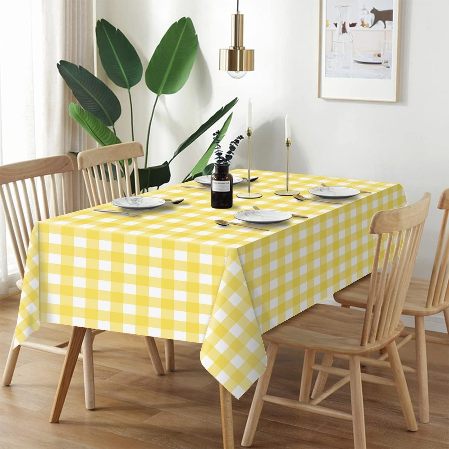 Yellow Gingham Tablecloth Disposable 2 Pack, 54 x 108 Inch Yellow and White Checkered Table Cloth for Easter Decorations, Birthday Party Supplies, Rectangle, Plastic Table Cover