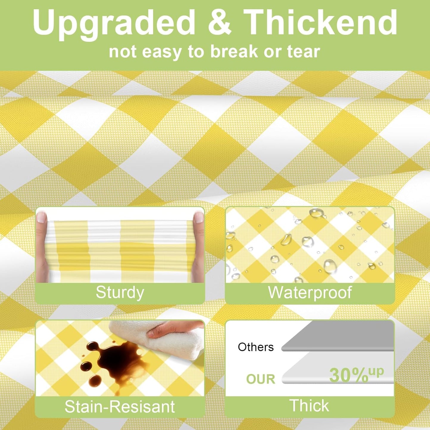 Yellow Gingham Tablecloth Disposable 2 Pack, 54 x 108 Inch Yellow and White Checkered Table Cloth for Easter Decorations, Birthday Party Supplies, Rectangle, Plastic Table Cover