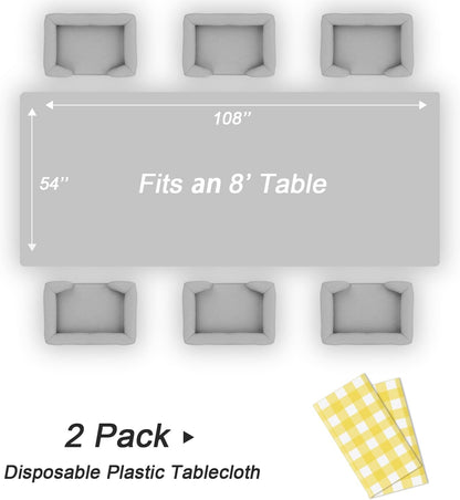Yellow Gingham Tablecloth Disposable 2 Pack, 54 x 108 Inch Yellow and White Checkered Table Cloth for Easter Decorations, Birthday Party Supplies, Rectangle, Plastic Table Cover
