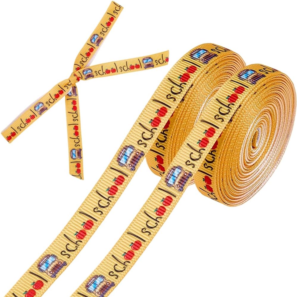 10 Yards 3/8 Inch Back to School Ribbons Grosgrain Ribbons Yellow Bus Thin Term Begins Cute Cars Teacher Striped Trims for DIY Crafts Bow Sewing Gift Wrapping Birthday Party Decoration