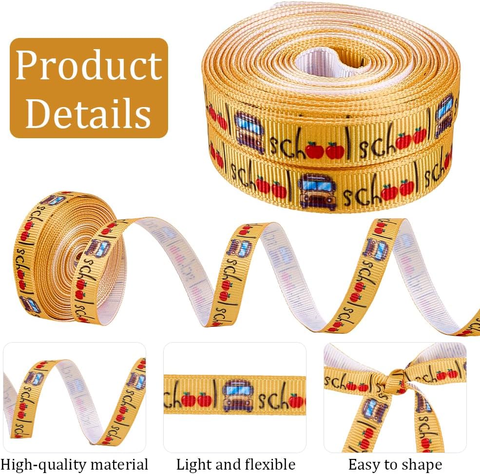 10 Yards 3/8 Inch Back to School Ribbons Grosgrain Ribbons Yellow Bus Thin Term Begins Cute Cars Teacher Striped Trims for DIY Crafts Bow Sewing Gift Wrapping Birthday Party Decoration