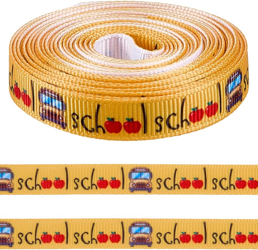 10 Yards 3/8 Inch Back to School Ribbons Grosgrain Ribbons Yellow Bus Thin Term Begins Cute Cars Teacher Striped Trims for DIY Crafts Bow Sewing Gift Wrapping Birthday Party Decoration