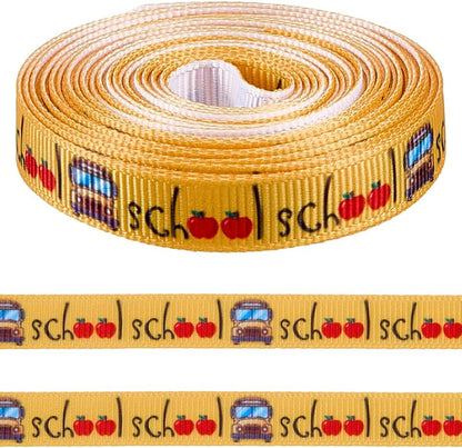 10 Yards 3/8 Inch Back to School Ribbons Grosgrain Ribbons Yellow Bus Thin Term Begins Cute Cars Teacher Striped Trims for DIY Crafts Bow Sewing Gift Wrapping Birthday Party Decoration