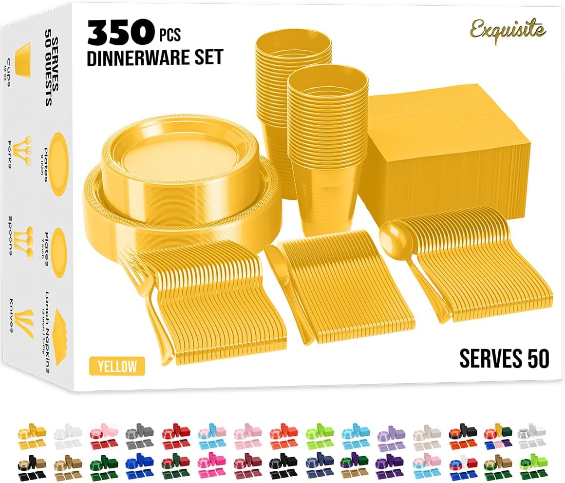 350 Pcs Yellow Plastic Plates For Party, Yellow Disposable Plates Set, 50 Of Each 9" Dinner Plate Set, 7" Dessert Plate, Cups, Napkins & Cutlery Plastic Dinnerware Set
