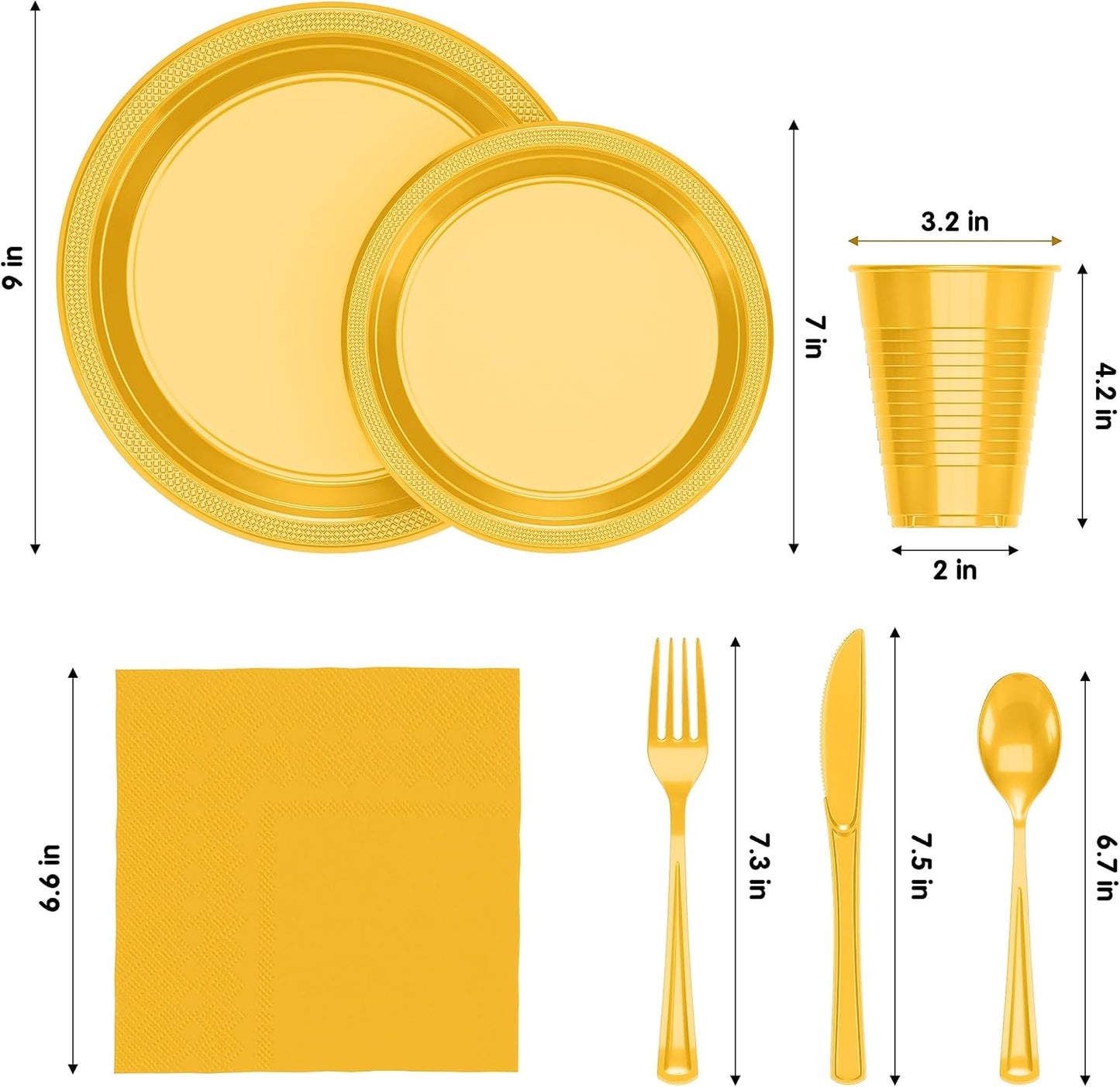 350 Pcs Yellow Plastic Plates For Party, Yellow Disposable Plates Set, 50 Of Each 9" Dinner Plate Set, 7" Dessert Plate, Cups, Napkins & Cutlery Plastic Dinnerware Set