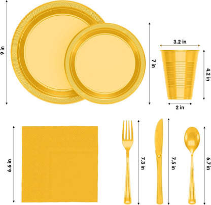 350 Pcs Yellow Plastic Plates For Party, Yellow Disposable Plates Set, 50 Of Each 9" Dinner Plate Set, 7" Dessert Plate, Cups, Napkins & Cutlery Plastic Dinnerware Set