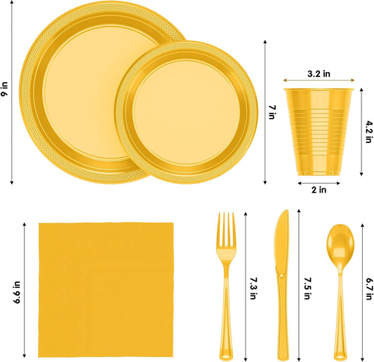 350 Pcs Yellow Plastic Plates For Party, Yellow Disposable Plates Set, 50 Of Each 9" Dinner Plate Set, 7" Dessert Plate, Cups, Napkins & Cutlery Plastic Dinnerware Set