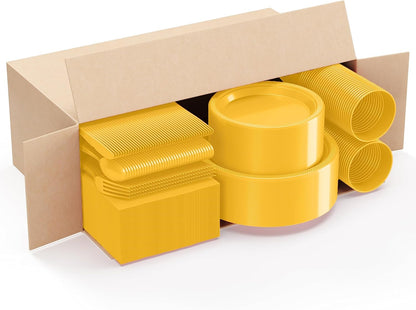 350 Pcs Yellow Plastic Plates For Party, Yellow Disposable Plates Set, 50 Of Each 9" Dinner Plate Set, 7" Dessert Plate, Cups, Napkins & Cutlery Plastic Dinnerware Set