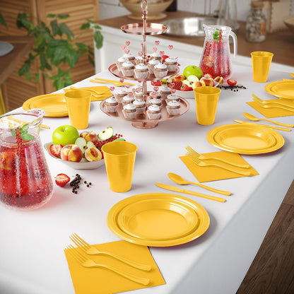 350 Pcs Yellow Plastic Plates For Party, Yellow Disposable Plates Set, 50 Of Each 9" Dinner Plate Set, 7" Dessert Plate, Cups, Napkins & Cutlery Plastic Dinnerware Set