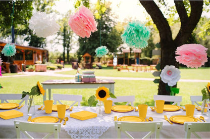 350 Pcs Yellow Plastic Plates For Party, Yellow Disposable Plates Set, 50 Of Each 9" Dinner Plate Set, 7" Dessert Plate, Cups, Napkins & Cutlery Plastic Dinnerware Set