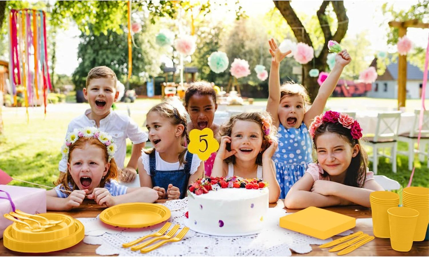 350 Pcs Yellow Plastic Plates For Party, Yellow Disposable Plates Set, 50 Of Each 9" Dinner Plate Set, 7" Dessert Plate, Cups, Napkins & Cutlery Plastic Dinnerware Set