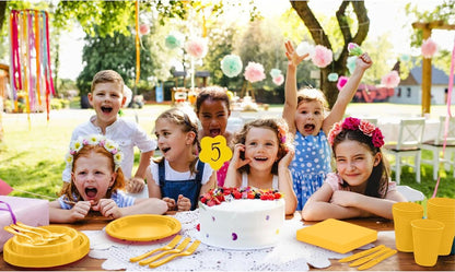 350 Pcs Yellow Plastic Plates For Party, Yellow Disposable Plates Set, 50 Of Each 9" Dinner Plate Set, 7" Dessert Plate, Cups, Napkins & Cutlery Plastic Dinnerware Set