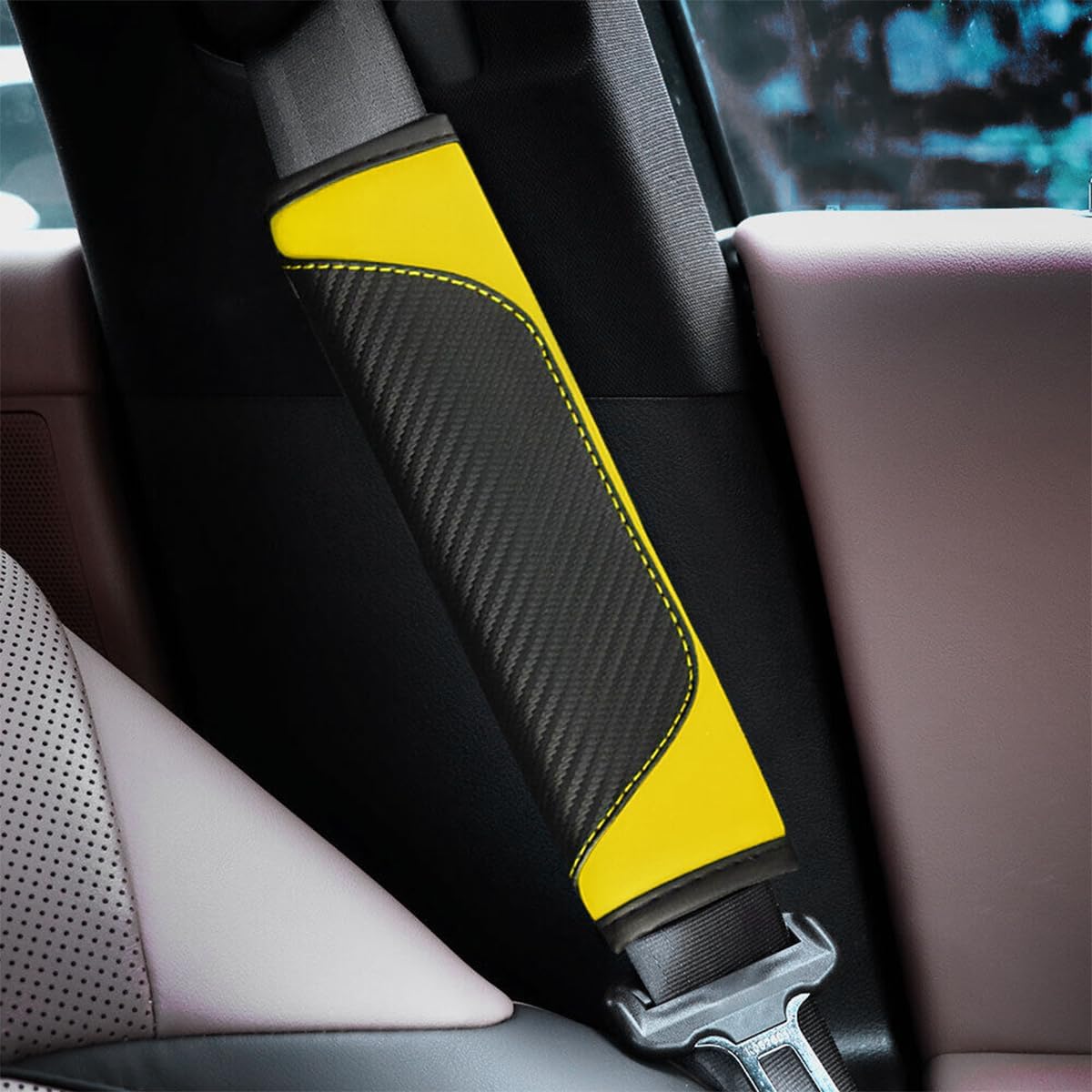 2PCS Carbon Fiber Car Seat Belt Cover, Breathable Leather, Yellow | Seatbelt Shoulder Strap Covers, Breathable Leather Soft Harness Pad, Protect Your Neck and Shoulder, Universal Fit