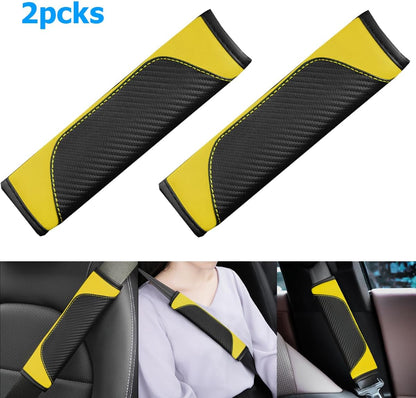 2PCS Carbon Fiber Car Seat Belt Cover, Breathable Leather, Yellow | Seatbelt Shoulder Strap Covers, Breathable Leather Soft Harness Pad, Protect Your Neck and Shoulder, Universal Fit