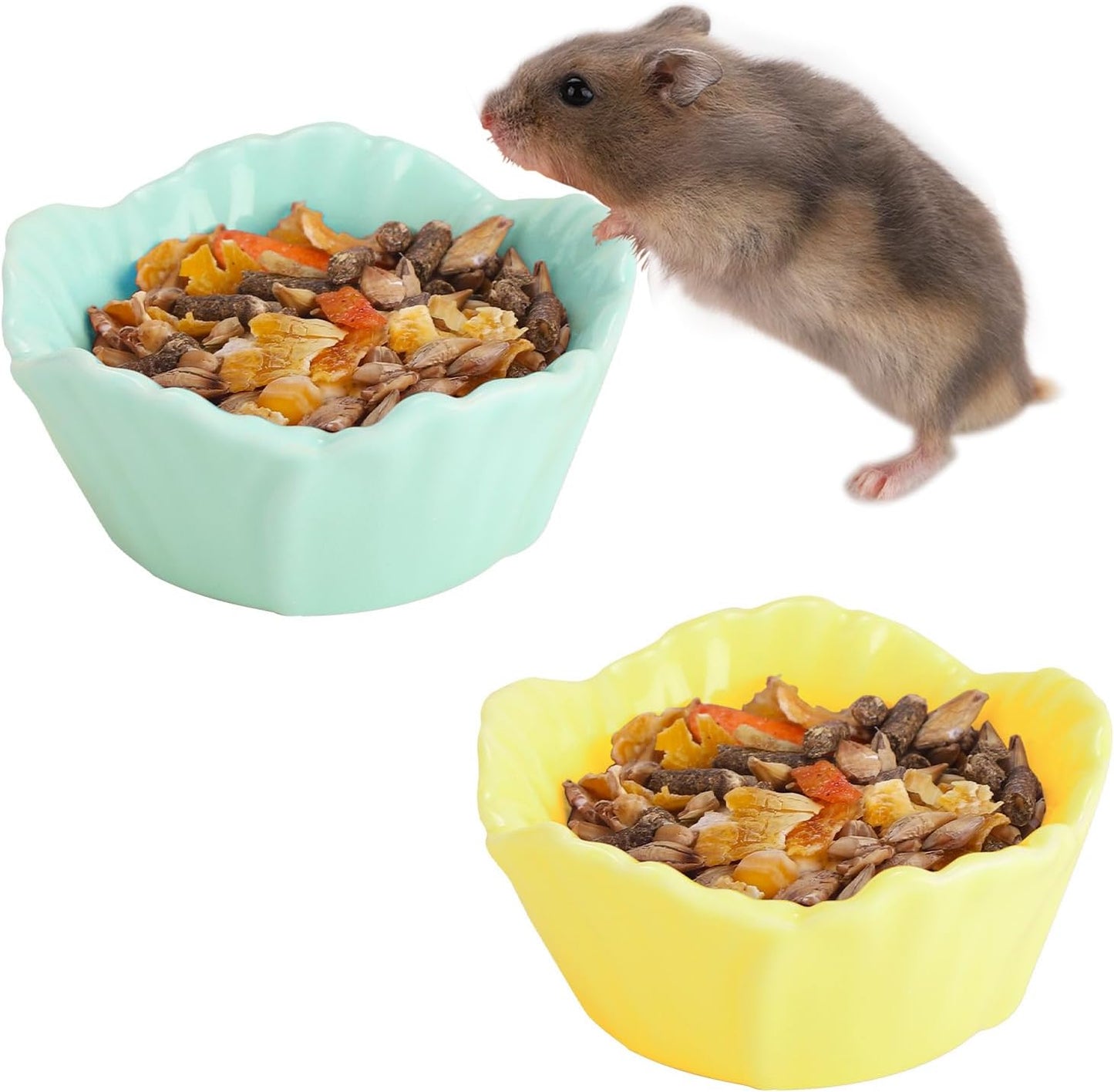 2 Pack Ceramic Guinea Pig Food Bowl Cute Flower Hamster Cage Accessories for Chinchilla Hedgehog Yellow and Green Small Animal Water Dish