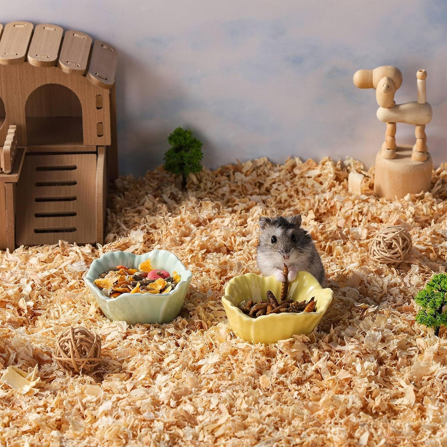 2 Pack Ceramic Guinea Pig Food Bowl Cute Flower Hamster Cage Accessories for Chinchilla Hedgehog Yellow and Green Small Animal Water Dish