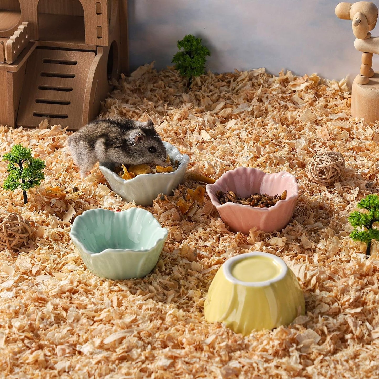 2 Pack Ceramic Guinea Pig Food Bowl Cute Flower Hamster Cage Accessories for Chinchilla Hedgehog Yellow and Green Small Animal Water Dish