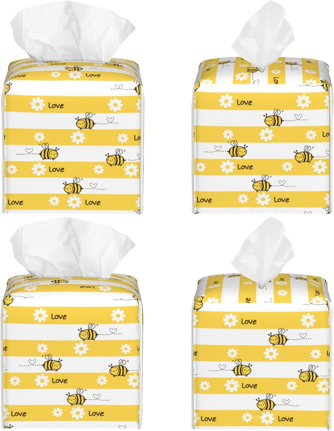 Cute Bees and Daisy Flowers Tissue Box Cover Square,Yellow Bee Daisies Love Tissue Box Holder Waterproof Leather Facial Paper Organizer Dispenser for Bathroom Home Car Nightstand Vanity Desk